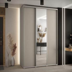 Szafa DAKOTA 3 150 szerokość 45cm korpus kaszmir front kaszmir , lustro i srebna listwa