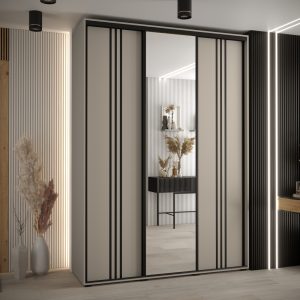 Szafa DAKOTA 7 180 głębokość 60 cm korpus kaszmir, fronty kaszmir czarna listwa i lustro