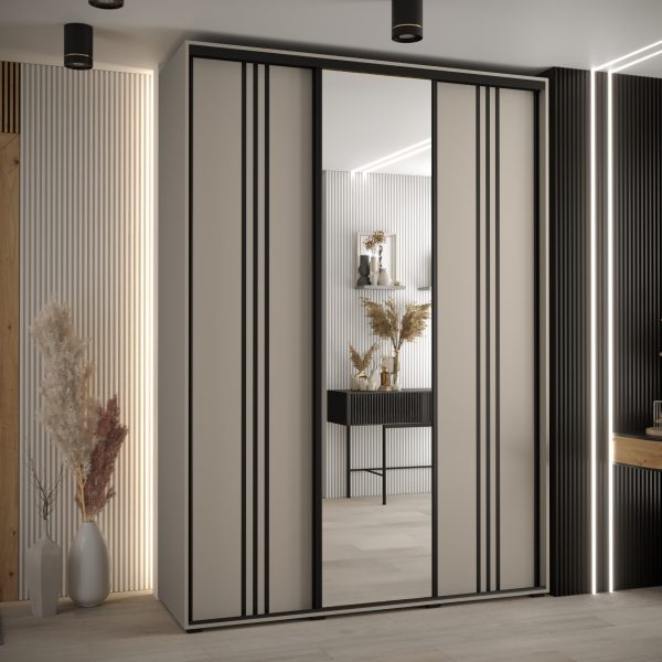 Szafa DAKOTA 7 180 głębokość 60 cm korpus kaszmir, fronty kaszmir czarna listwa i lustro