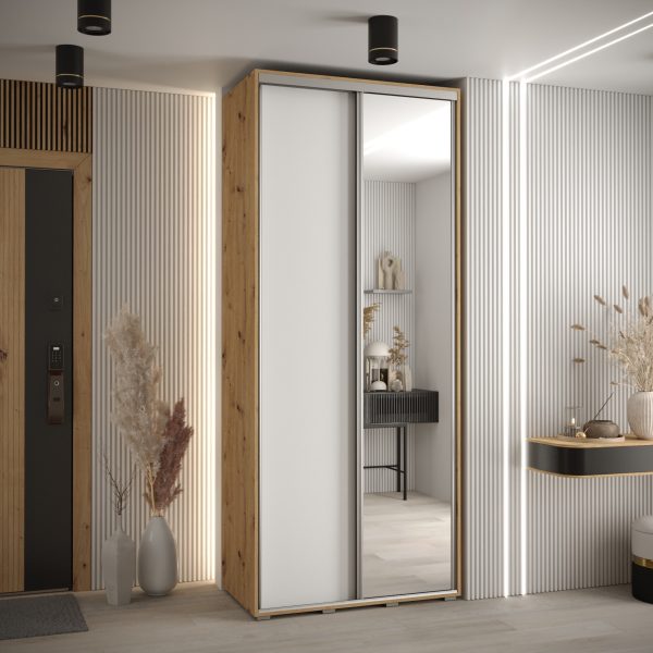 Szafa CANNES 3 -120 45 cm głebokość. Korpus dąb artisan , front biały,lustro i srebrna listwa