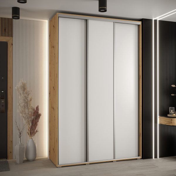 Szafa CANNES 1-150 45 cm głębokość. Korpus dąb artisan, Fronty białe listwa srebrna