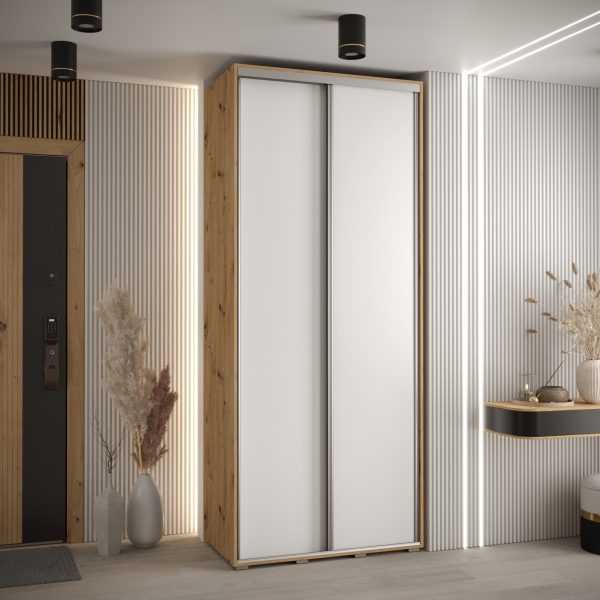 Szafa CANNES 1-100 45cm glębokości. Korpus dąb artisan, front biały listwa srebrna