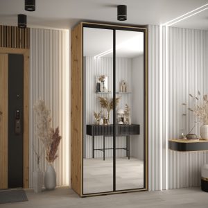 Szafa CANNES 2 -110 45cm głębokość . Korpus dąb artisan , Fronty lustro listwa czarna