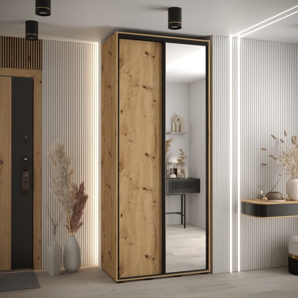 Szafa CANNES 3 -120 45 cm głebokość. Korpus dąb artisan , front dąb artisan ,lustro i czarna listwa