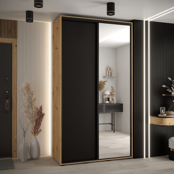 Szafa CANNES 3 -130 45 cm głebokość. Korpus dąb artisan, front czarny ,lustro i czarna listwa