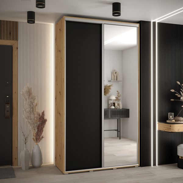 Szafa CANNES 3 -130 45 cm głebokość. Korpus dąb artisan, front czarny ,lustro i srebrna listwa
