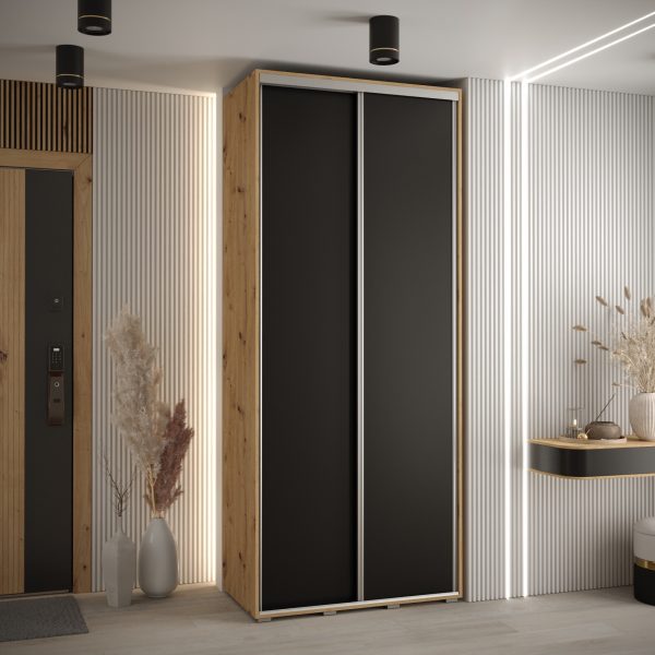 Szafa CANNES 1-100 45cm glębokości. Korpus dąb artisan, front czarny listwa srebrna