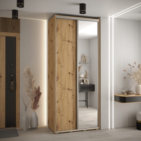 Szafa CANNES 3 -120 45 cm głebokość. Korpus dąb artisan , front dąb artisan ,lustro i srebrna listwa
