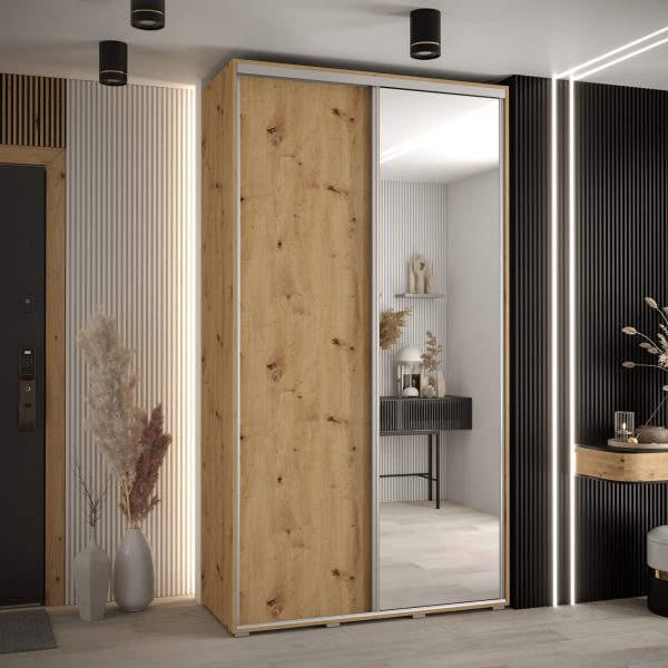 Szafa CANNES 3 -130 45 cm głebokość. Korpus dąb artisan, front dąb artisan ,lustro i srebrna listwa