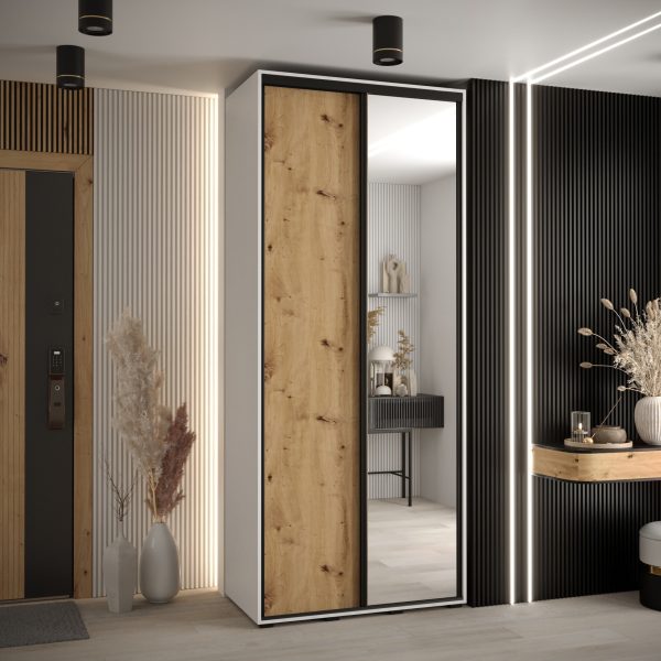 Szafa CANNES 3 -110 45 cm głebokość. Korpus biały front dąb artisan lustro i czarna listwa