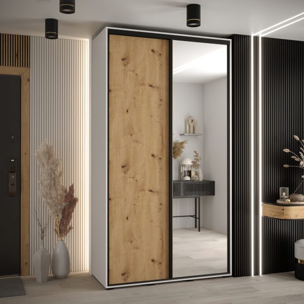 Szafa CANNES 3 -130 45 cm głebokość. Korpus biały, front dąb artisan ,lustro i czarna listwa