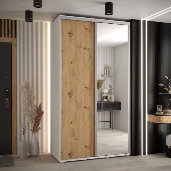 Szafa CANNES 3 -130 45 cm głebokość. Korpus biały, front dąb artisan ,lustro i srebrna listwa