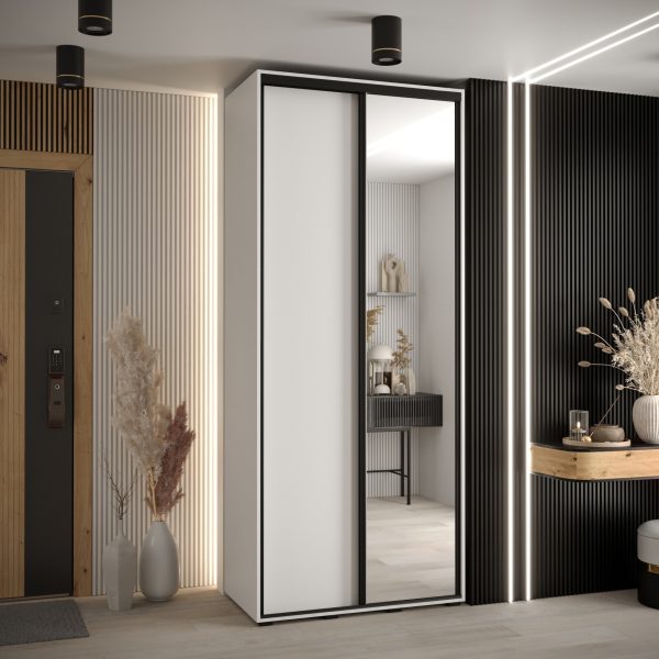 Szafa CANNES 3 -120 45 cm głebokość. Korpus biały, front biały, lustro i listwa czarna