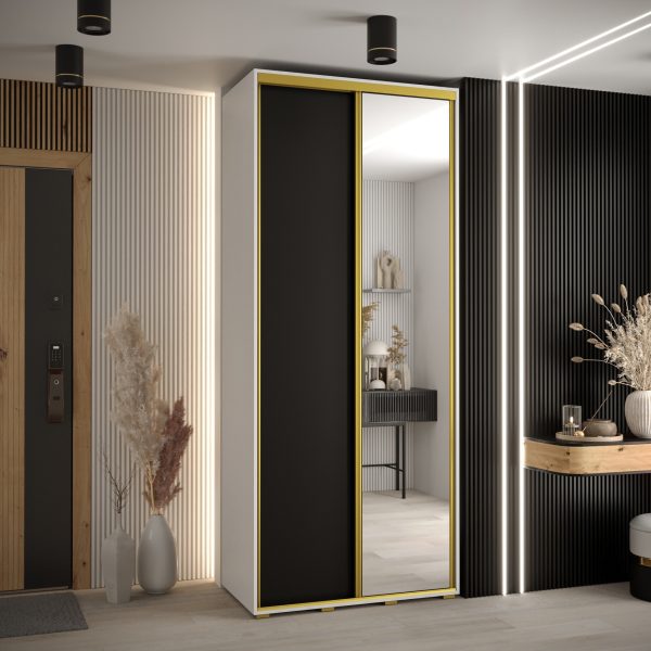 Szafa CANNES 3 -120 45 cm głebokość. Korpus biały, front czarny, lustro i złota listwa