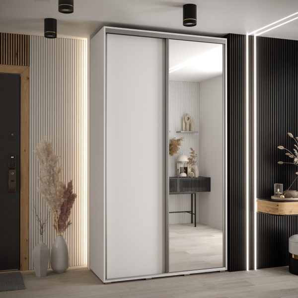 Szafa CANNES 3 -130 45 cm głebokość. Korpus biały, front biały ,lustro i srebrna listwa