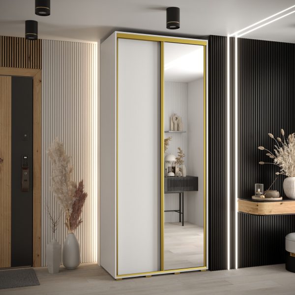Szafa CANNES 3 -120 45 cm głebokość. Korpus biały, front biały, lustro i złota listwa
