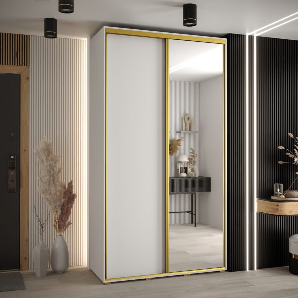 Szafa CANNES 3 -130 45 cm głebokość. Korpus biały, front biały ,lustro i złota listwa