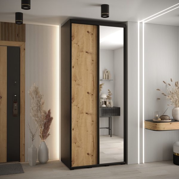 Szafa CANNES 3 -120 45 cm głebokość. Korpus czarny, front dąb artisan ,lustro i czarna listwa