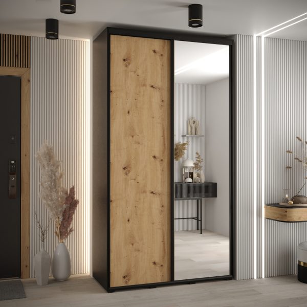 Szafa CANNES 3 -130 45 cm głebokość. Korpus czarny, front dąb artisan ,lustro i czarna listwa