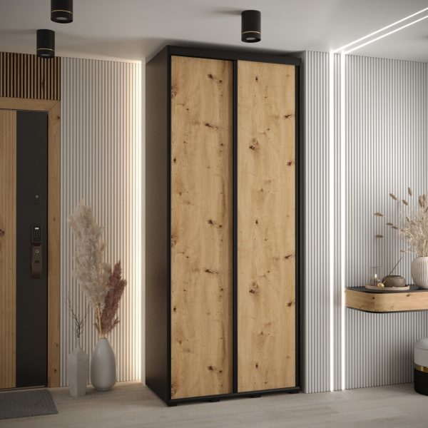Szafa CANNES 1-100 45cm glębokości. Korpus czarny, front dąb artisan listwa czarna