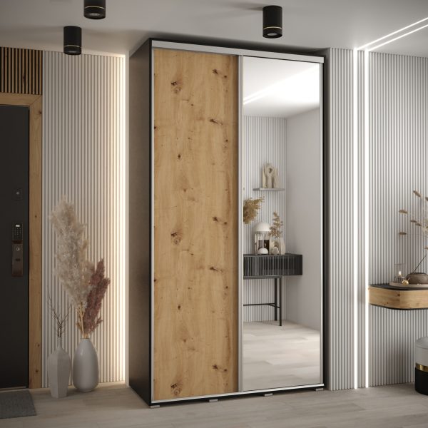 Szafa CANNES 3 -130 45 cm głebokość. Korpus czarny, front dąb artisan ,lustro i srebrna listwa