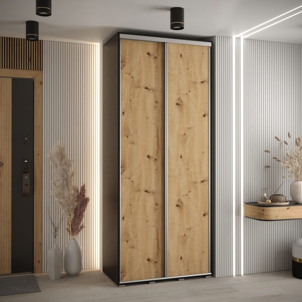 Szafa CANNES 1-100 45cm glębokości. Korpus czarny, front dąb artisan listwa srebrna