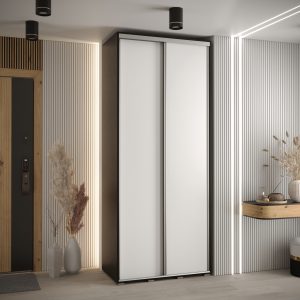 Szafa CANNES 1-100 45cm glębokości. Korpus czarny, front biały listwa srebrna