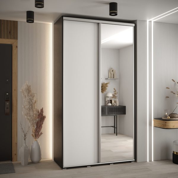Szafa CANNES 3 -130 45 cm głebokość. Korpus czarny, front biały ,lustro i srebrna listwa