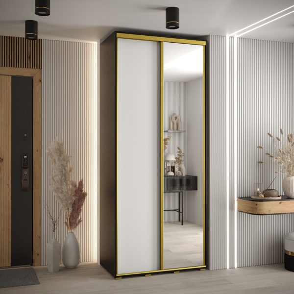 Szafa CANNES 3 -120 45 cm głebokość. Korpus czarny, front biały ,lustro i złota listwa