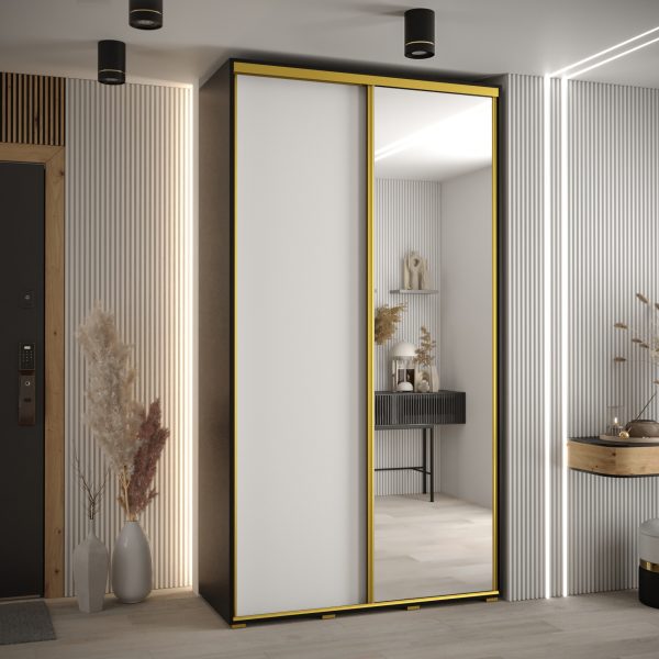 Szafa CANNES 3 -130 45 cm głebokość. Korpus czarny, front biały ,lustro i złota listwa