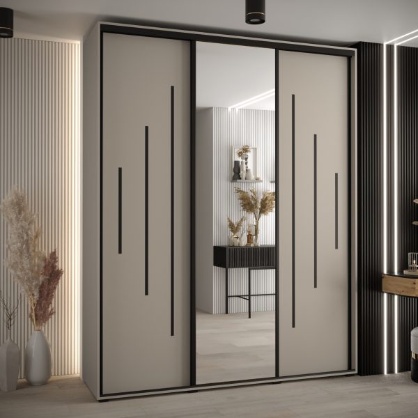 Szafa DAKOTA 13 200 głębokość 60 cm korpus kaszmir, fronty kaszmir czarna listwa i lustro