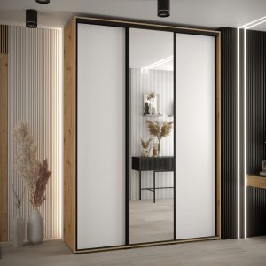 Szafa CANNES 3 -180 45 cm głebokość. Korpus dab artisan, front biały ,lustro i czarna listwa
