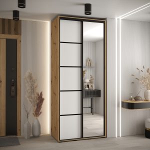 Szafa CANNES 5 -110 szerokość 45 cm. Korpus dąb artisan, front bialy listwa czarna i lustro