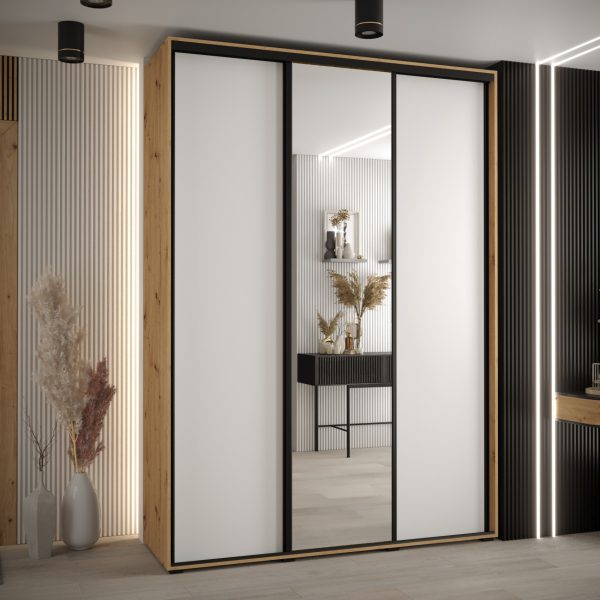 Szafa CANNES 3 -170 45 cm głebokość. Korpus dab artisan, front biały ,lustro i czarna listwa