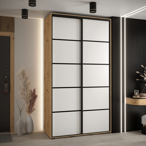Szafa CANNES 4- 130 szerokość 45 cm. Korpus dąb artisan, front biały listwa srebrna