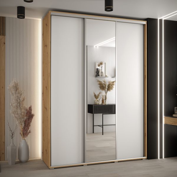 Szafa CANNES 3 -170 45 cm głebokość. Korpus dab artisan, front biały ,lustro i srebrna listwa