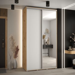 Szafa CANNES 3 -140 45 cm głebokość. Korpus dąb artisan, front biały ,lustro i srebrna listwa