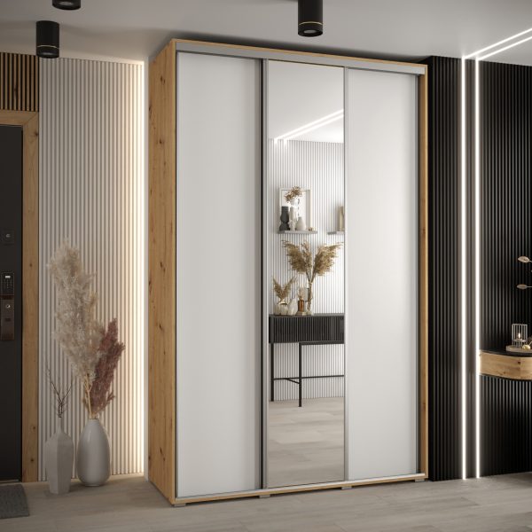 Szafa CANNES 3 -160 45 cm głebokość. Korpus dąb artisan, front białe ,lustro i srebrna listwa