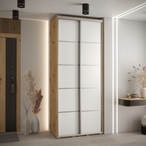Szafa CANNES 4- 110 szerokość 45 cm. Korpus dąb artisan, front biały listwa srebrna
