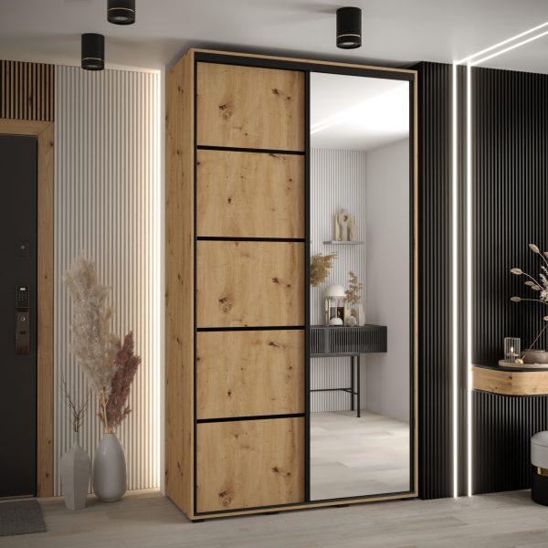 Szafa CANNES 5 -130 szerokość 45 cm. Korpus dąb artisan, front dąb artisan listwa czarna i lustro