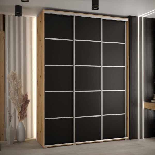 Szafa CANNES 4- 170 szerokość 45 cm. Korpus dąb artisan, front czarny listwa srebrna