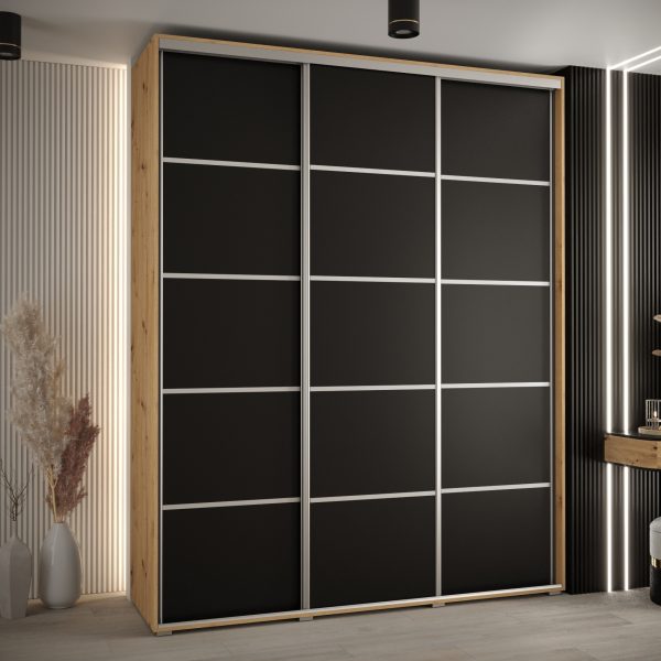 Szafa CANNES 4- 190 szerokość 45 cm. Korpus dąb artisan, front czarny listwa srebrna