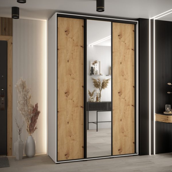 Szafa CANNES 3 -160 45 cm głebokość. Korpus biały, front dąb artisan ,lustro i czarna listwa