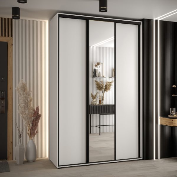 Szafa CANNES 3 -150 45 cm głebokość. Korpus biały, front biały ,lustro i czarna listwa