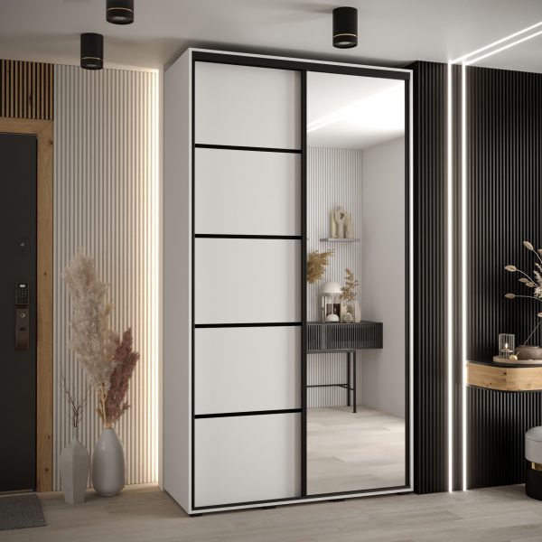 Szafa CANNES 5-130 szerokość 45 cm. Korpus biały , front biały listwa czarna i lustro