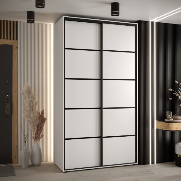 Szafa CANNES 4- 130 szerokość 45 cm. Korpus biały, front biały listwa czarna