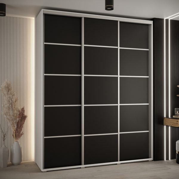 Szafa CANNES 4- 190 szerokość 45 cm. Korpus biały, front czarny listwa srebrna