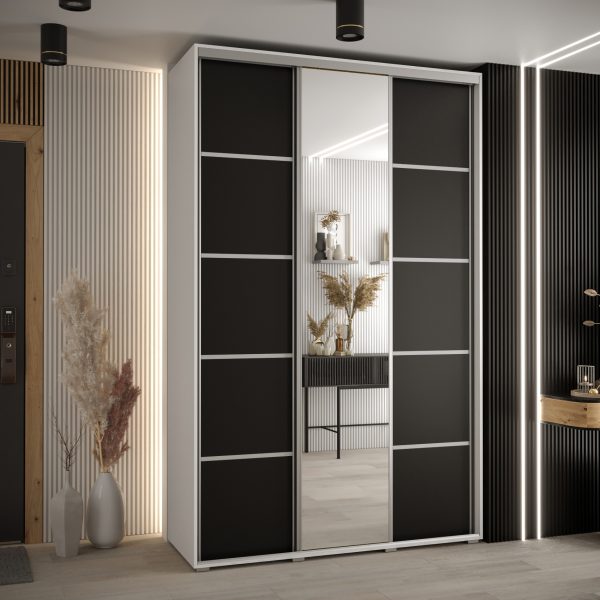 Szafa CANNES 5-150 szerokość 45 cm. Korpus biały , front czarny listwa srebrna i lustro