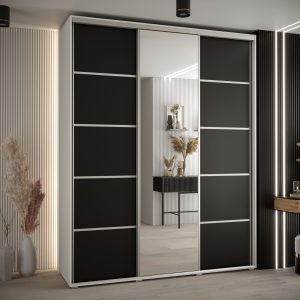 Szafa CANNES 5-190 szerokość 45 cm. Korpus biały , front czarny listwa srebrna i lustro