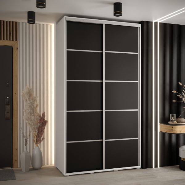 Szafa CANNES 4- 130 szerokość 45 cm. Korpus biały, front czarny listwa srebrna